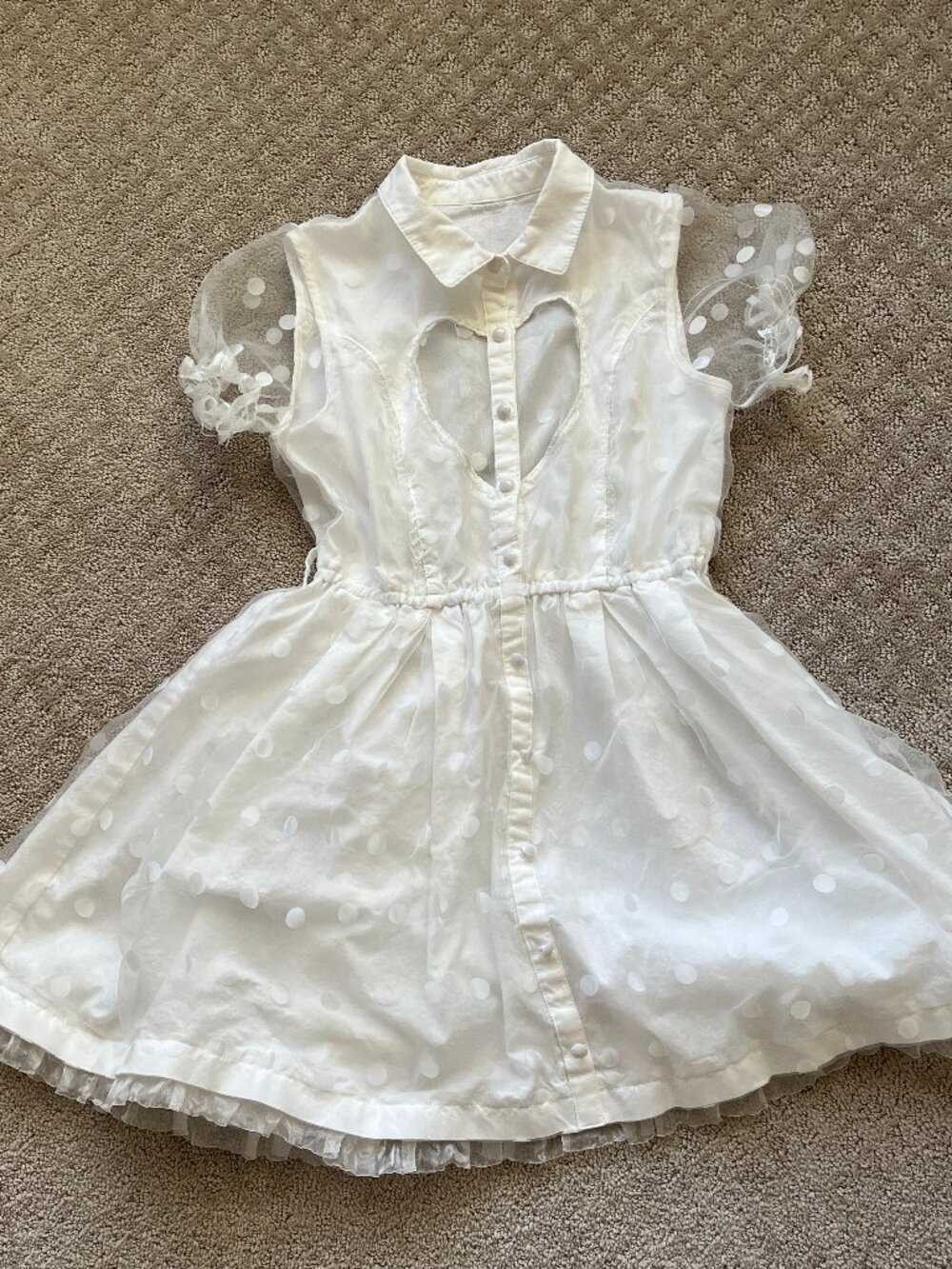 White Mini Dress Polkadots Puff sleeves Heart Cut Out Collar Frill Buttons XS